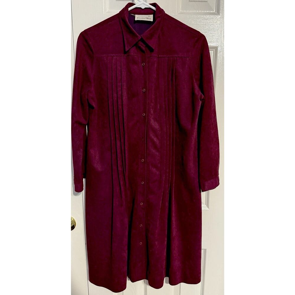 Vintage Country Miss Burgundy Shirt Dress Pleated Sz 12 Missing 1 Button